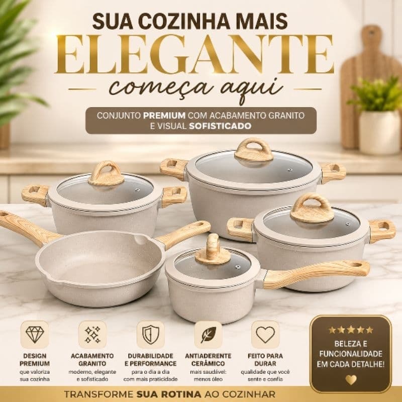 Jogo de Panelas Cerâmica Antiaderente 5 Peças Bege Granito com Tampa de Vidro