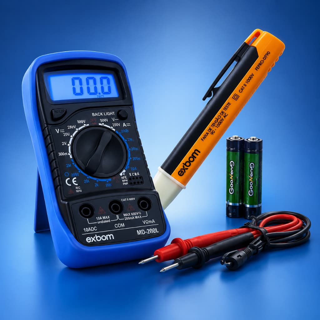 Multímetro Digital Portátil Lcd De 3 ½ Dígitos Md-200l +Kit Elétrica Caneta Detectora De Tensão