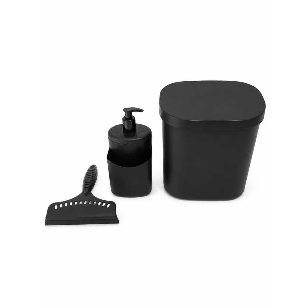 KIT ORGANIZADOR PIA CLEAN PRETO LIXEIRA DISPENSER DE DETERGENTE E RODO