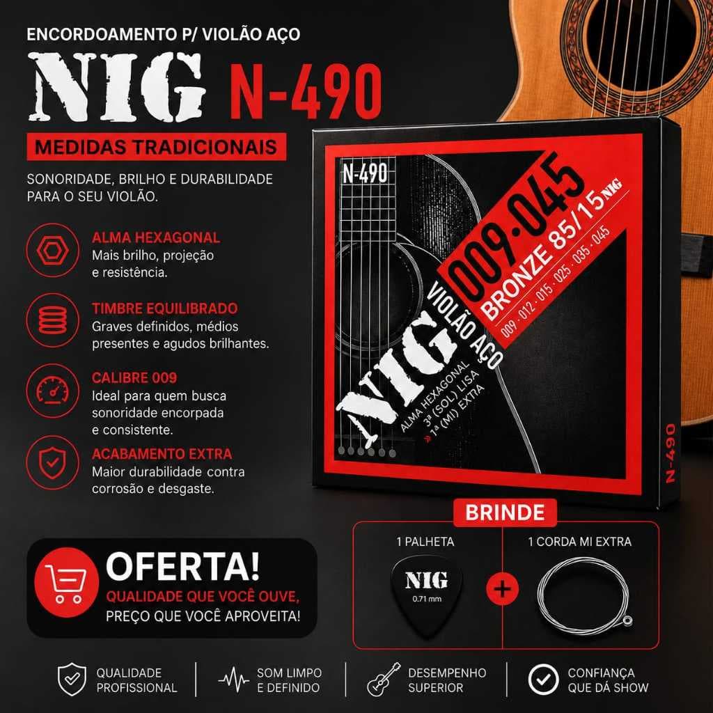 Encordoamento P/ Violão Aço 009 NIG N-490 Brinde (Palheta + Corda Mi) Oferta