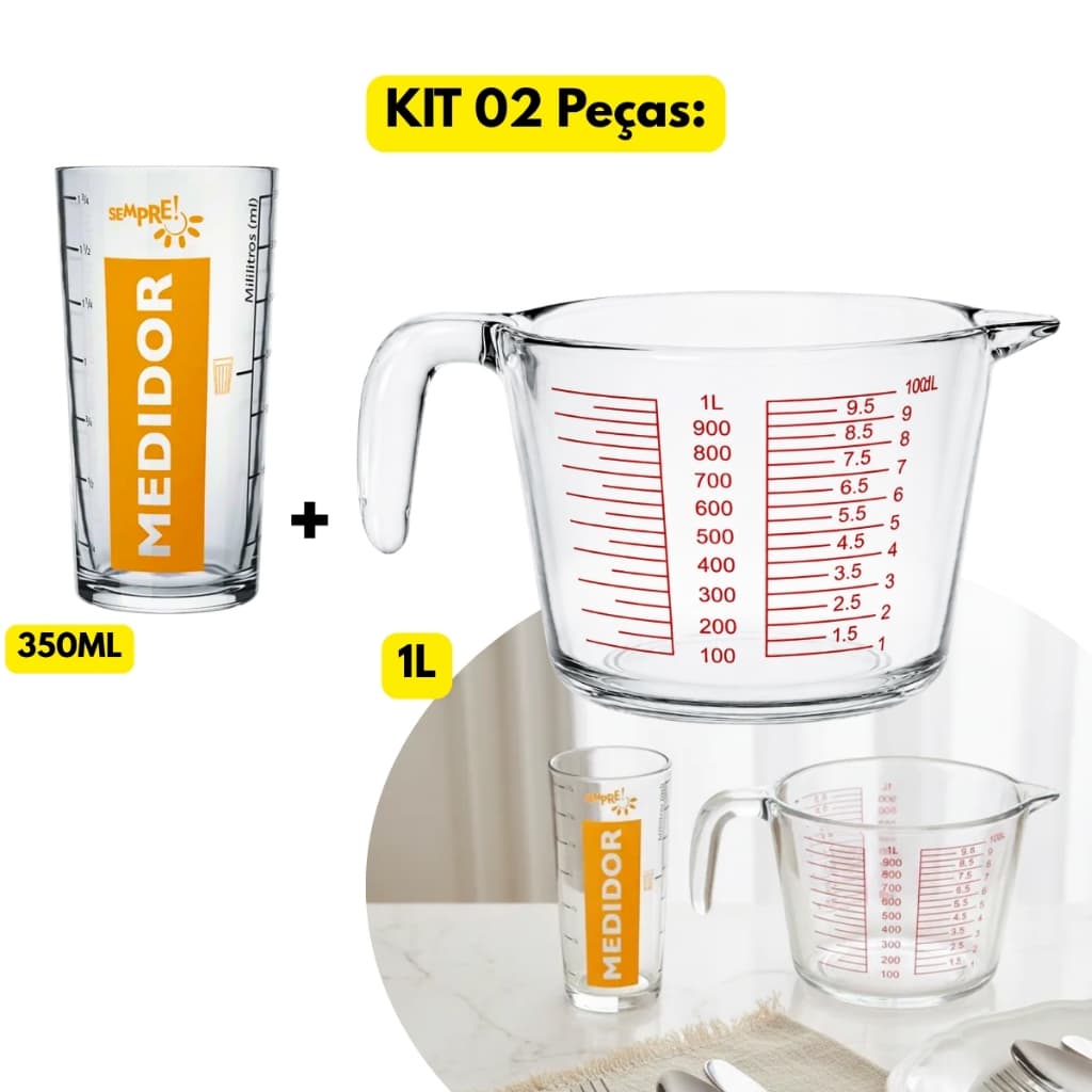 Jogo Kit 02 Peças Copo Vidro Medidor 350ML + Jarra Medidora 1L Receitas Restaurante Qualidade Medir
