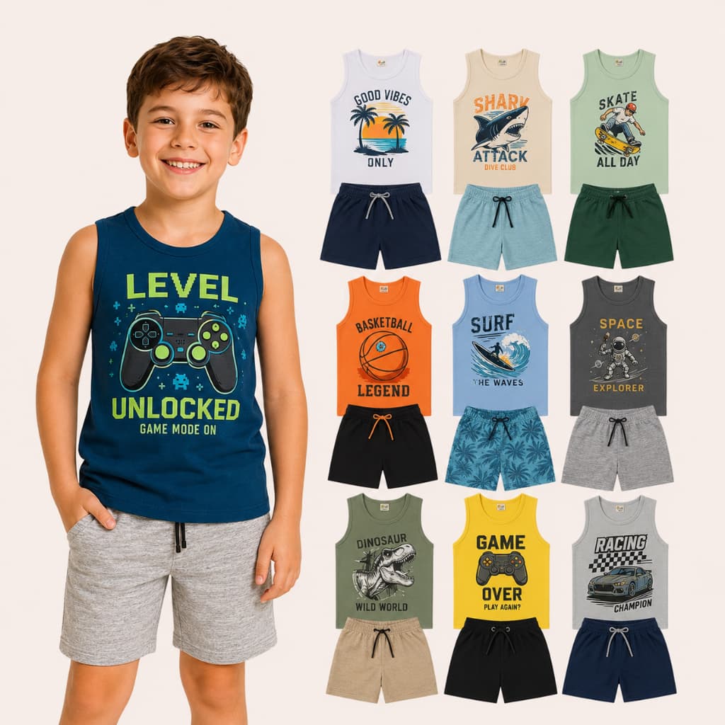Kit 6 Peças 3 Conjuntos Infantil Masculino Verão Regata + Shorts/Bermuda 100% Algodão Extra Conforto