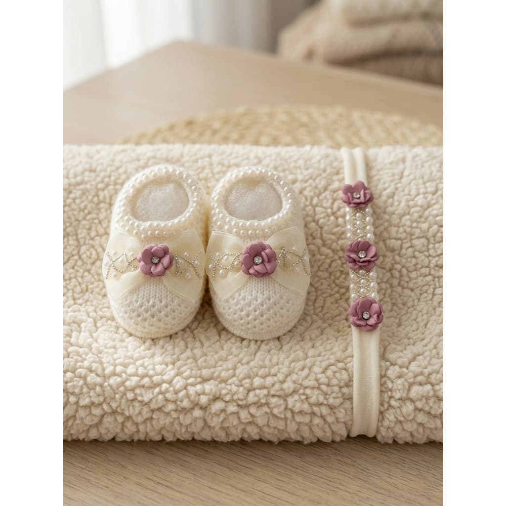 Botinha de Frio Sapatinho de Bebê Trico com Faixa de Cabelo Butterfly