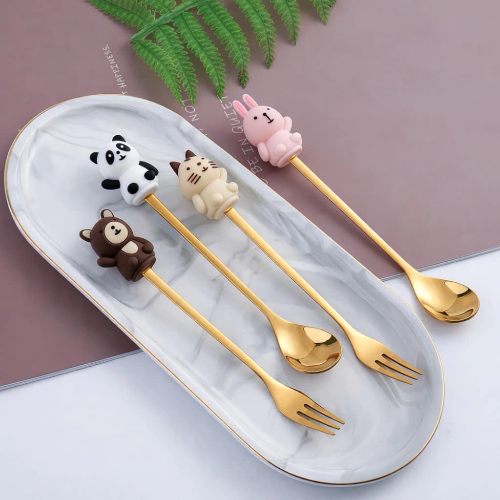 Kit Talher Infantil Sobremesa Aço Inox Coelho Ursinho Garfo Colher Decorado