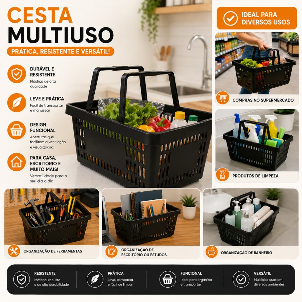 Cesta de Supermercado  Multiuso Preta com Alças Reforçadas – Prática, Resistente e Versátil Mercado