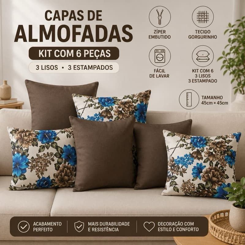 Kit 6 Capas de Almofada Premium em Gorgurinho – Zíper Embutido e Fácil de Lavar