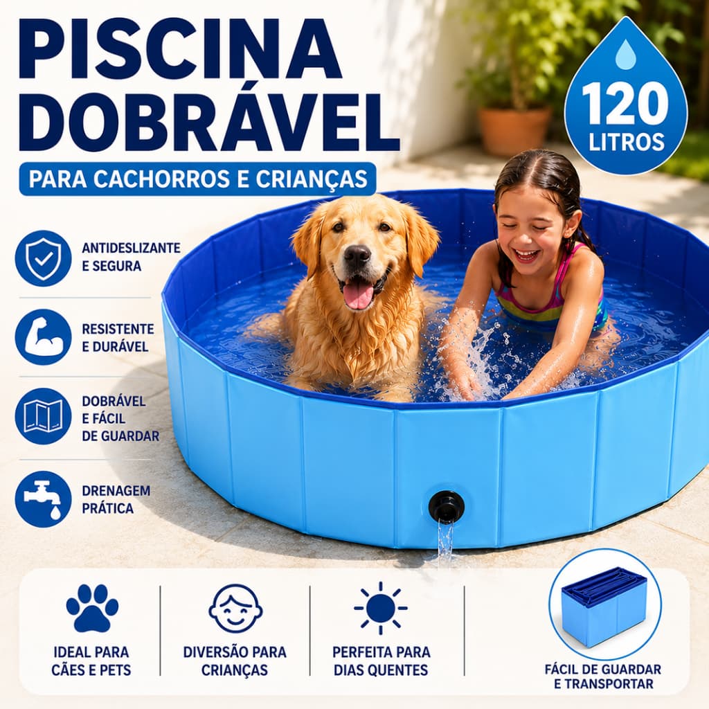 Piscina para cachorro 80 x 30 Dobravel em Pvc Antideslizante 120 litros para pets crianças infantil