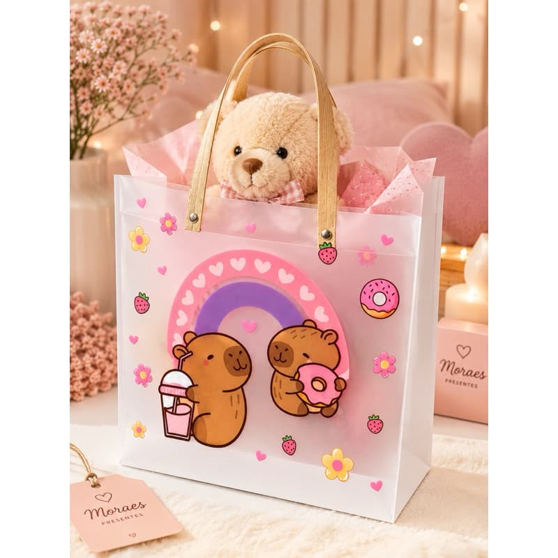 Sacolinha Capivara transparente com alças e fundo estruturado. Ideal para presentes e lembrancinhas. 🩷🐹🎁