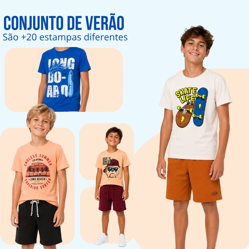 Kit de 4, 6 ou 8 Peças Roupa Juvenil Menino Conjunto Verão Tamanho 10 ao 16 - 2, 4 ou 6 Conjuntos