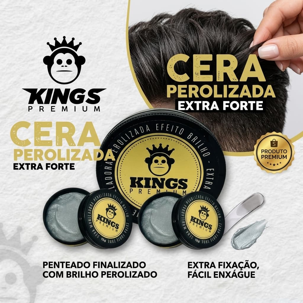 Pomada Modeladora Cera Perolizada Kings Premium Extra Forte Efeito Brilho 150g Masculina