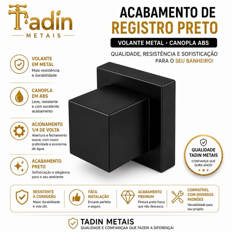 ACABAMENTO DE REGISTRO PRETO QUADRADO – VOLANTE EM METAL | PADRÃO DECA 16 ESTRIAS