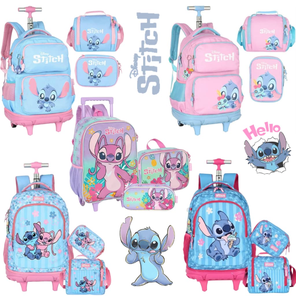 Kit Escolar Stitch Menina Original Escolar Rodinha Lancheira e Estojo