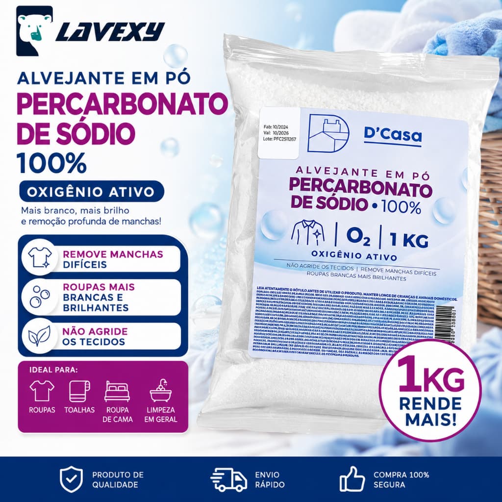 Percarbonato de Sódio, O² Ativo, Tira Manchas, Roupas Brancas e Coloridas.