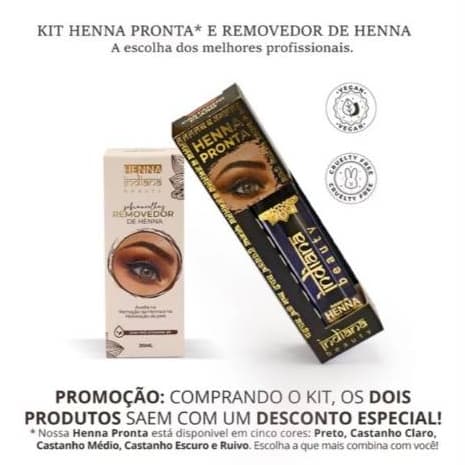 Kit de Sobrancelhas Henna Pronta e Removedor Indiana Beauty Castanho Escuro Médio Claro Preto Ruivo