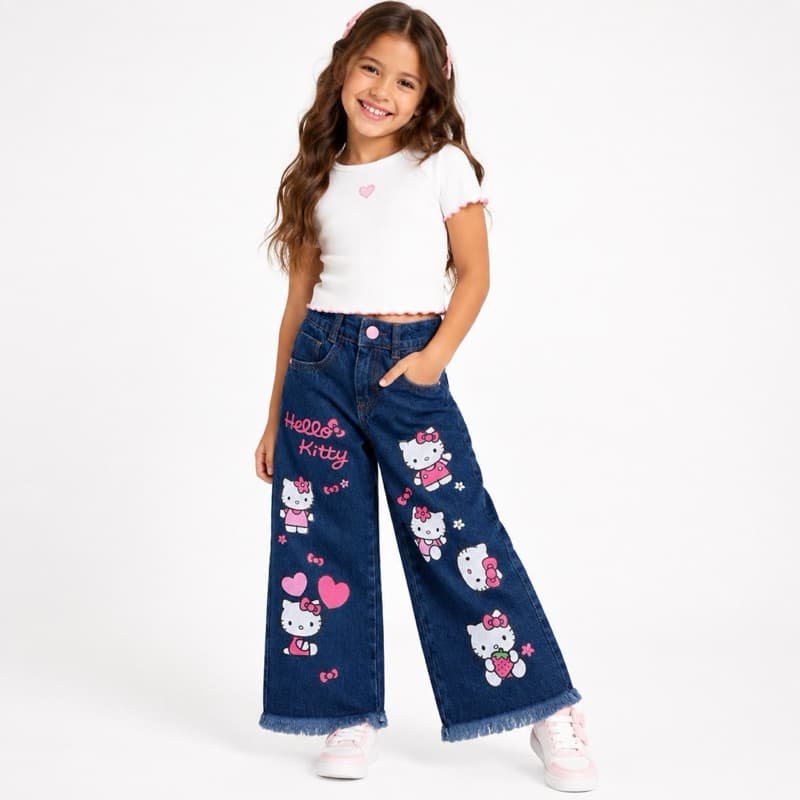 Calça Jeans Wide Leg Infantil e Hello Kitty | Regulagem na Cintura Calça Jeans Feminina Infantil o