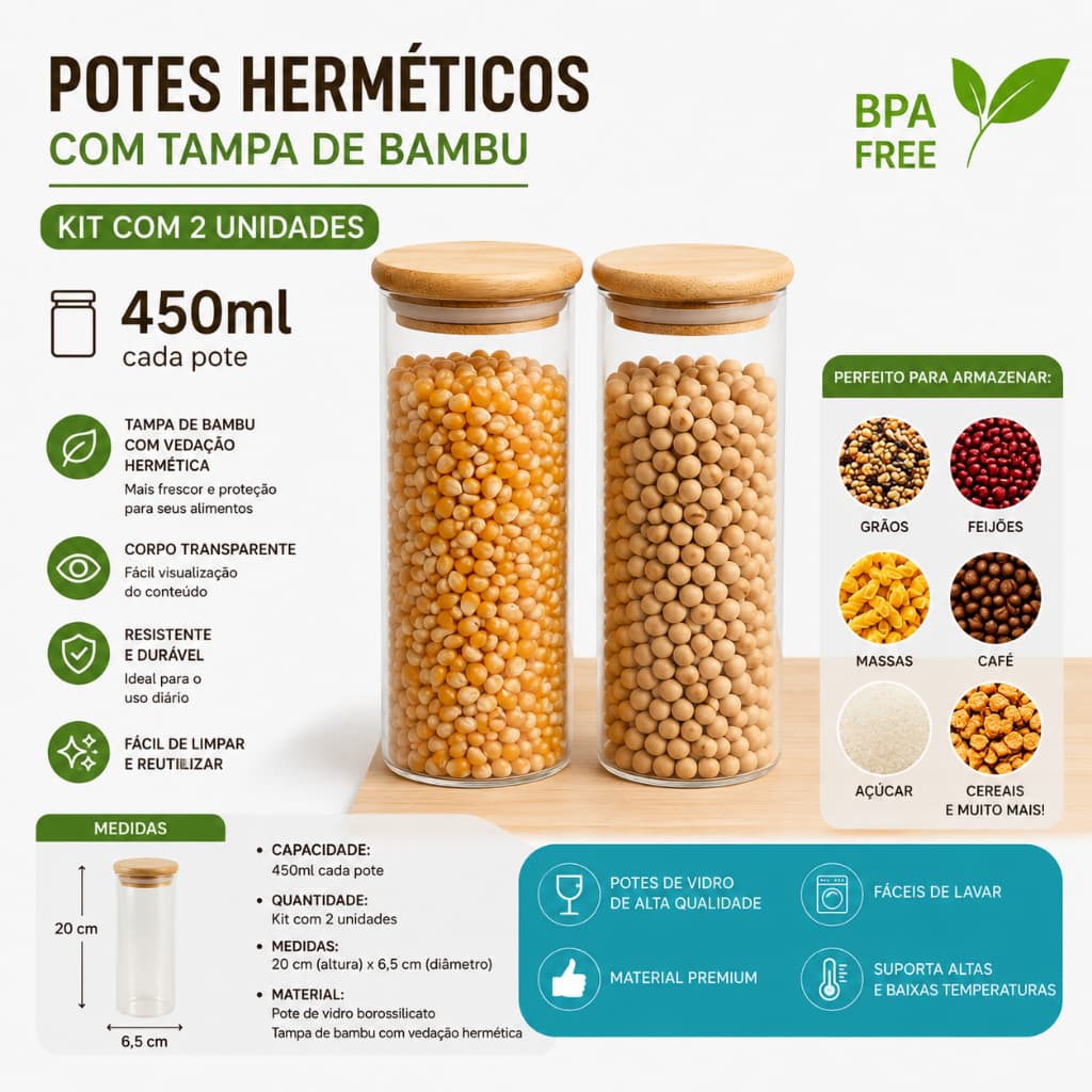 Pote de Vidro com Tampa Hermética de Bambu 450ml Kit com 2 Unidades