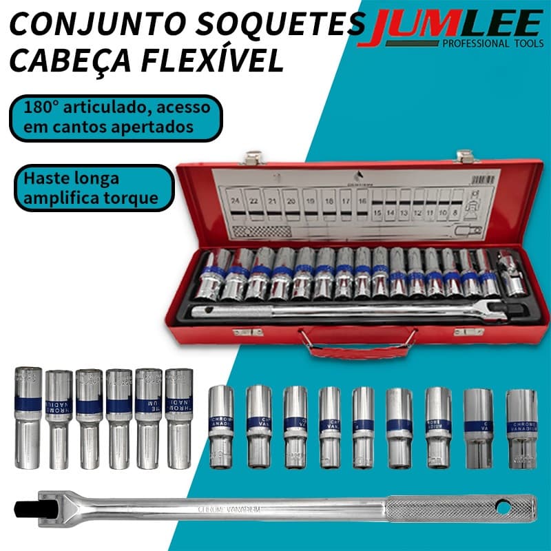 Jogo de Soquetes Sextavados 1/2 Longos Cr-V 12/18 Pçs 8mm a 24mm com Chave Catraca ou Barra de Força