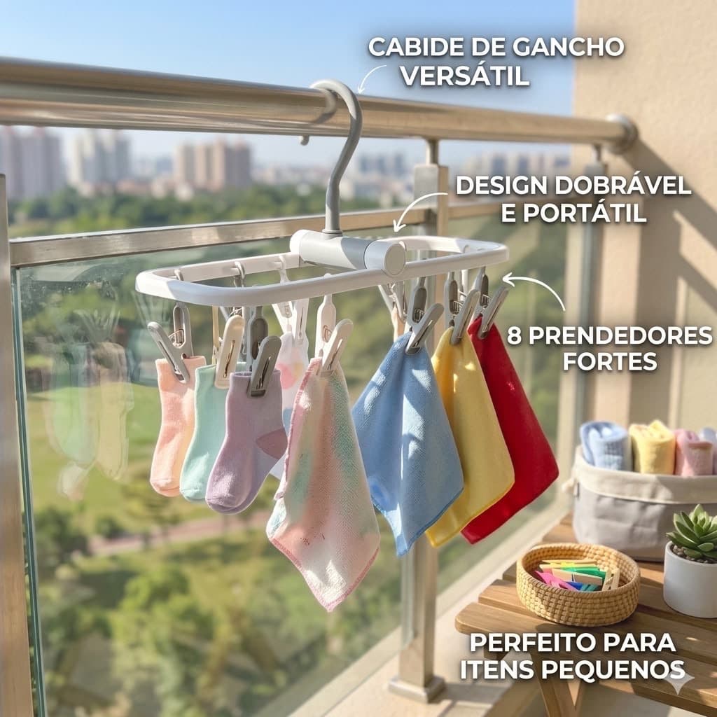 Varal Mini Dobrável com 8 Prendedores Multiuso Cores Sortidas