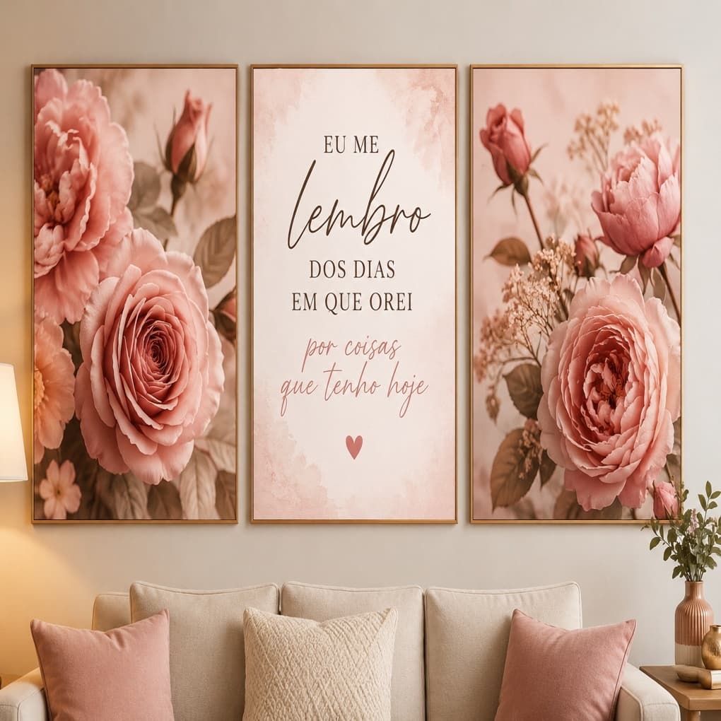 Quadros Decorativos 3 Peças Flores Rosa Eu Me Lembro Dos Dias Sala Quarto 3 Peças