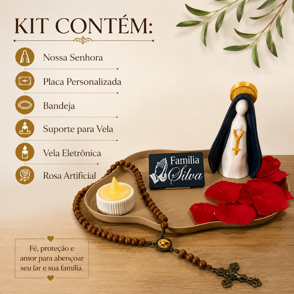 Kit Nossa Senhora 7 Peças - Presente Religioso Personalizado - Decoração Católica - Lembrança Fé