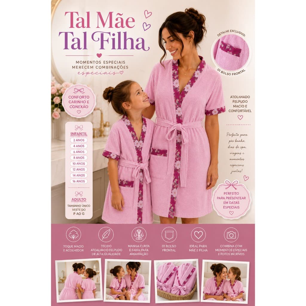 Kit Roupão Mãe e Filha Tal Mãe Tal Filha Felpudo Atoalhadado Macio Infantil e Adulto luxoso