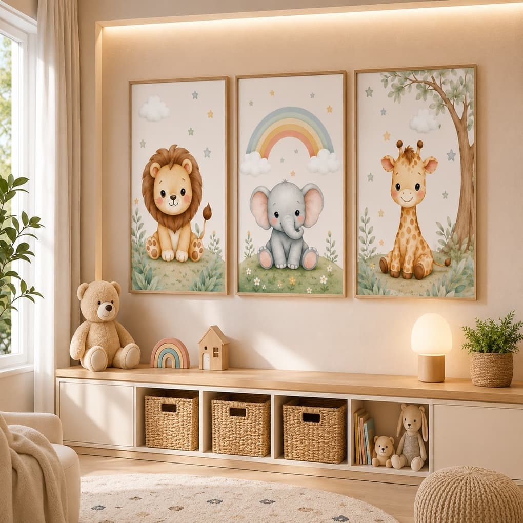 Quadro Decorativo Infantil Safari 3 Peças Leão Elefante Girafa Arco-Íris Quarto Bebê Menino Menina