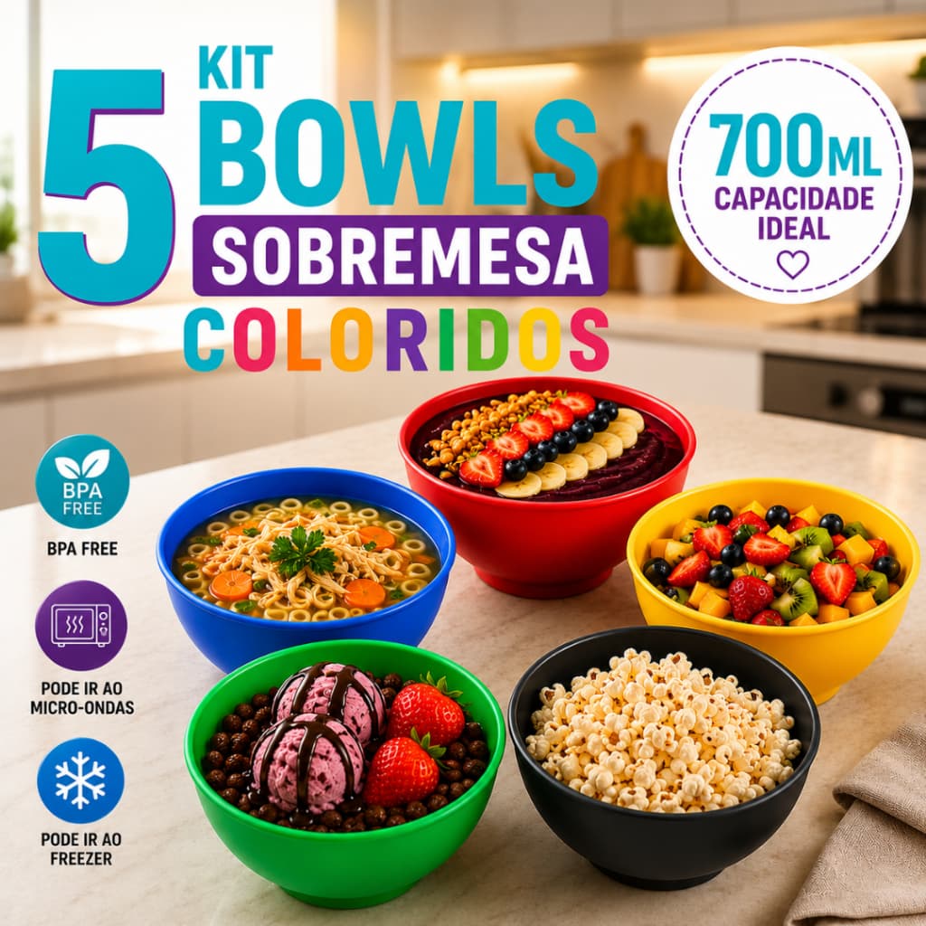 Kit Bowl 5 Peças 700ml Tigela para Sobremesa Açaí Sorvete Frutas Cumbuca Plástica
