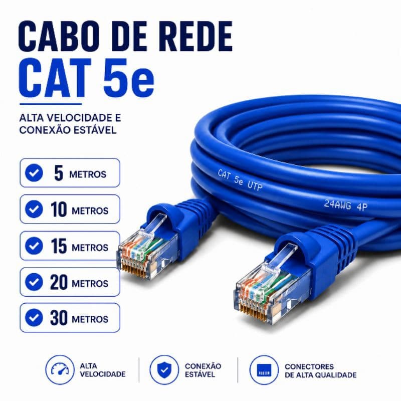 Cabo de Rede RJ45 Cat5e Internet Montado 5m a 30m Pronto para Uso CFTV