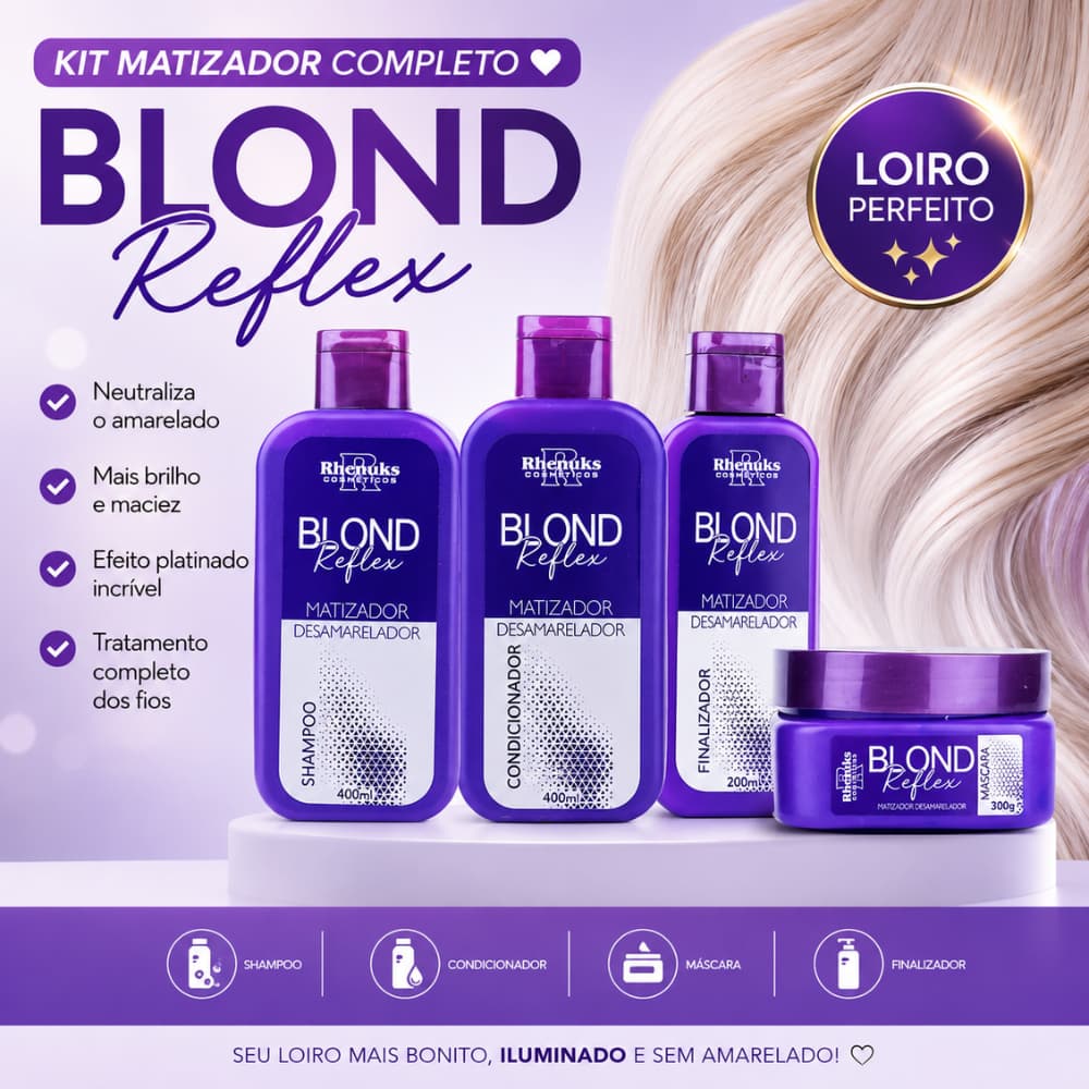 Kit 4 Rhenunks Blond Reflex – Matizador Potente para Loiros, Hidrata e Neutraliza Tons Amarelados