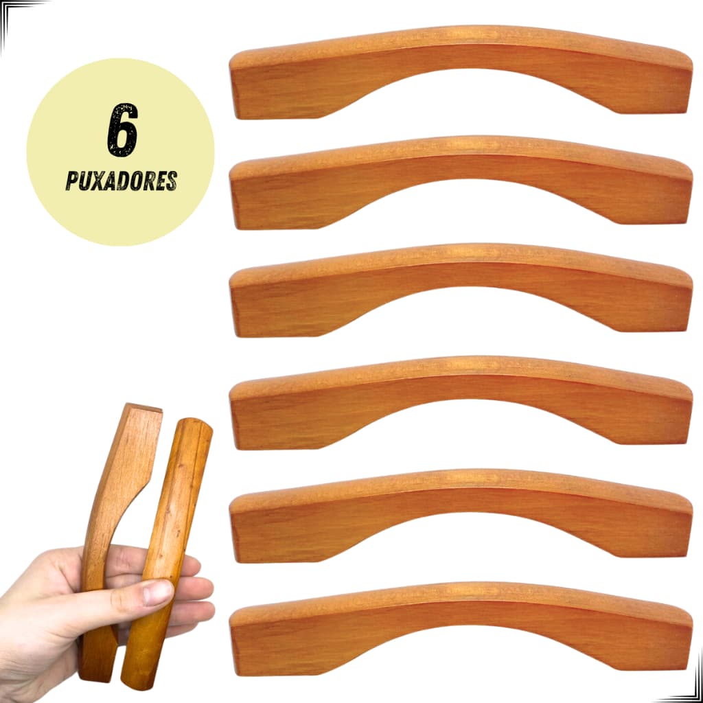 Kit 6 Puxadores de Madeira Envernizados para Móveis e Gavetas - 15cm - Estilo Moderno e Rústico
