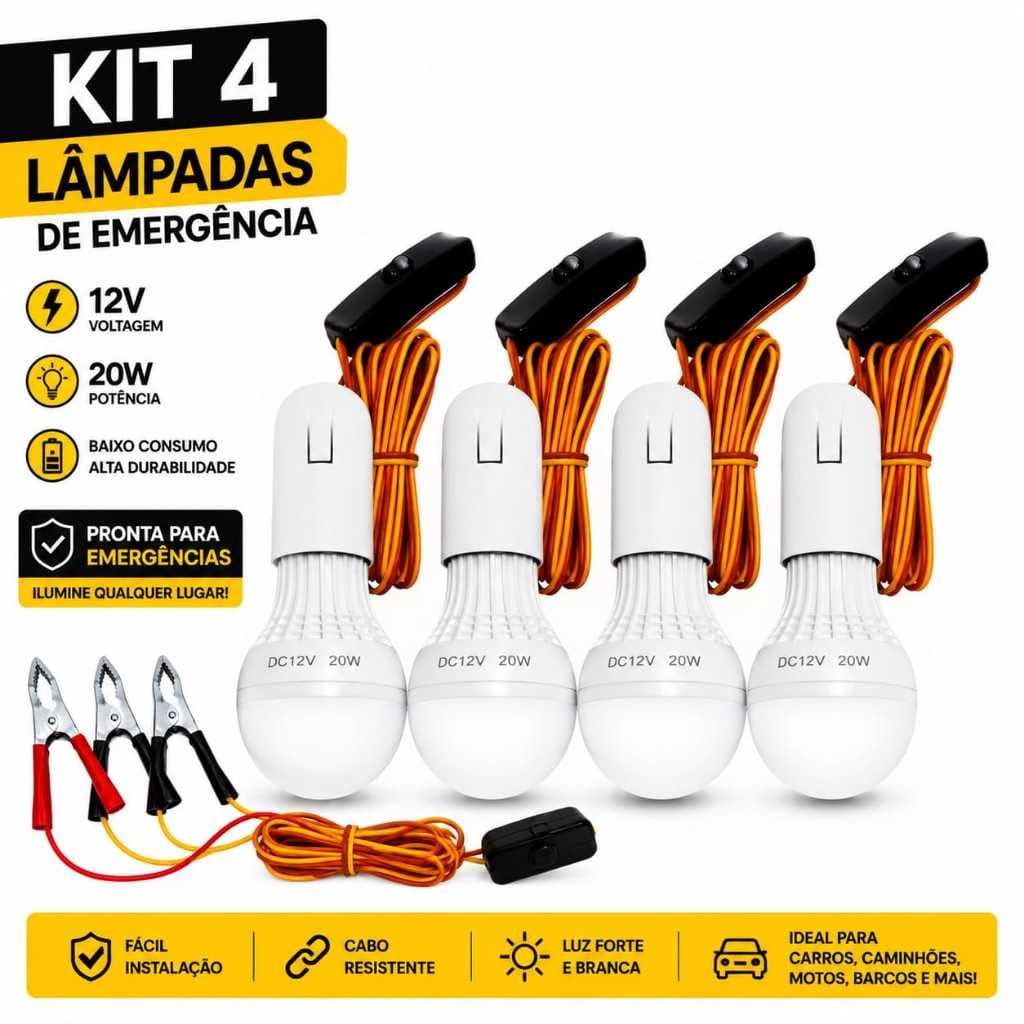 Kit 4 Lâmpadas Emergência Automotiva 12V LED Com Garra Para Bateria Carro Caminhão Barco Camping