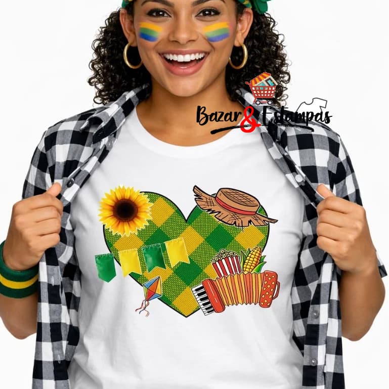 Camiseta Arraíá Coração de Xadrez Verde e Amarelo Festa Junina Copa Torcida Brasil Unissex