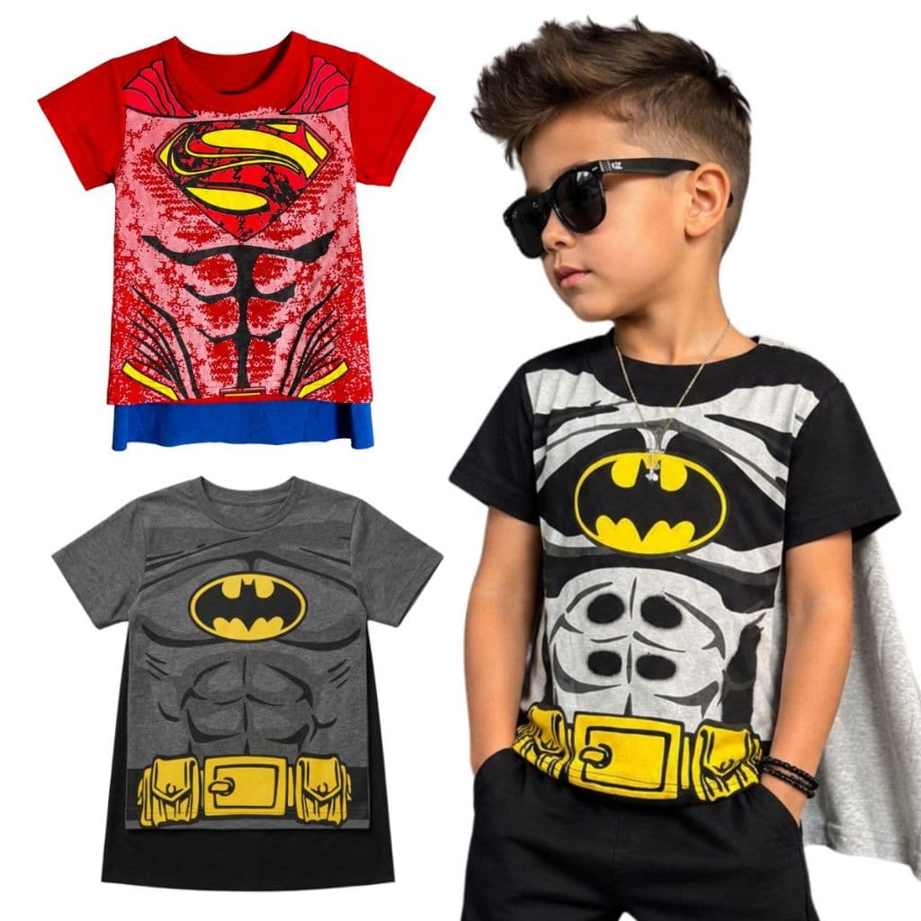 Camiseta Infantil Menino Super Herói com Capa 100% Algodão Tamanho 2 ao 10 Anos | Roupa Infantil Menino