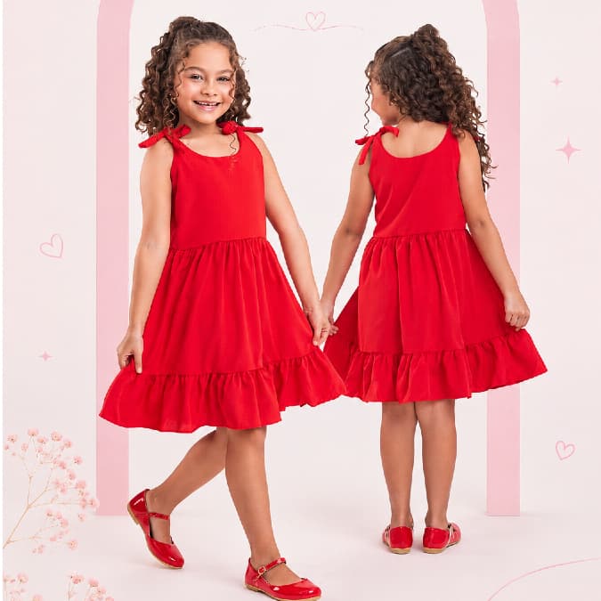 Vestido Infantil Vermelho liso Menina Estilo Casual Confortável LANÇAMENTO