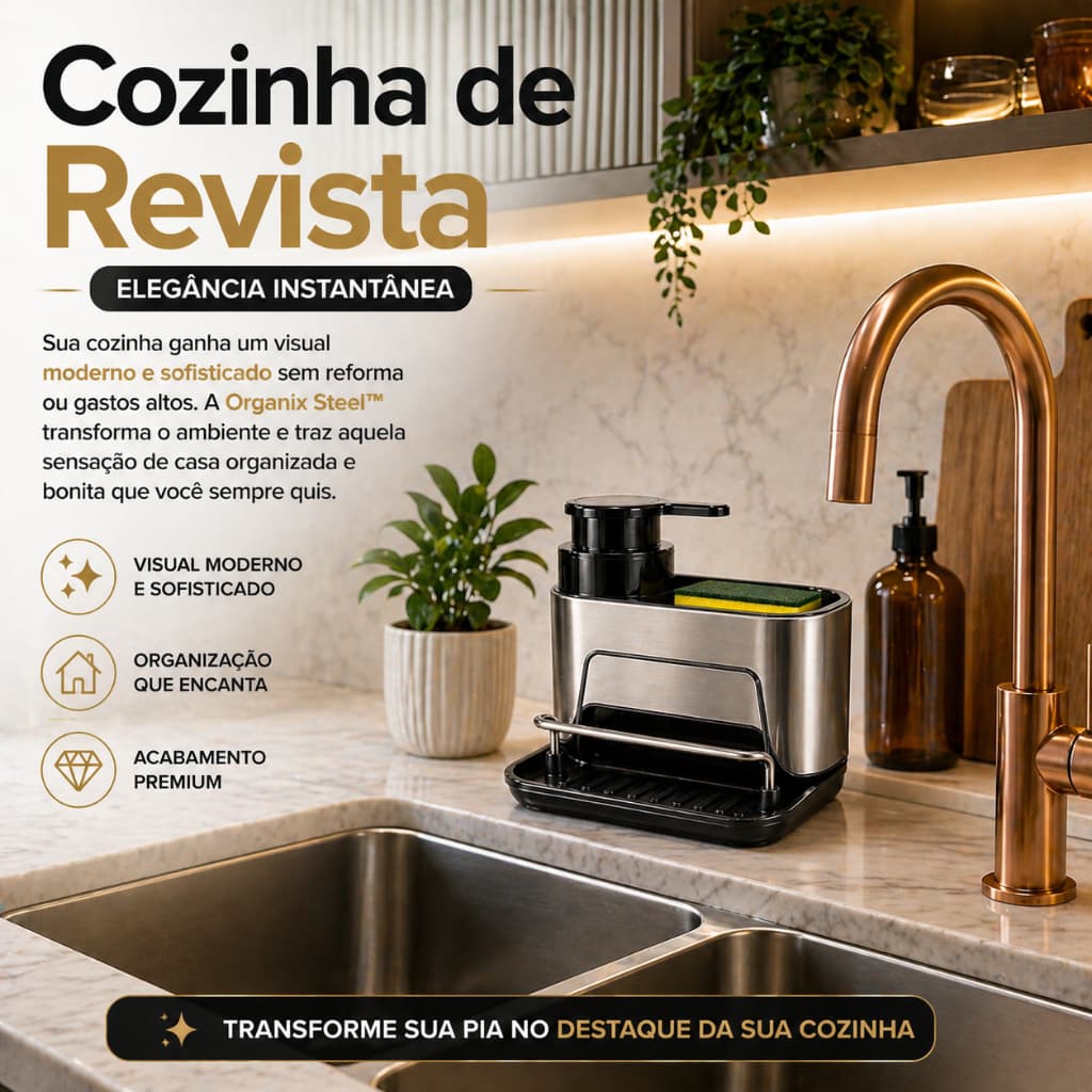 Organizador de Pia 3 em 1 Porta Detergente e Esponja Aço Inox