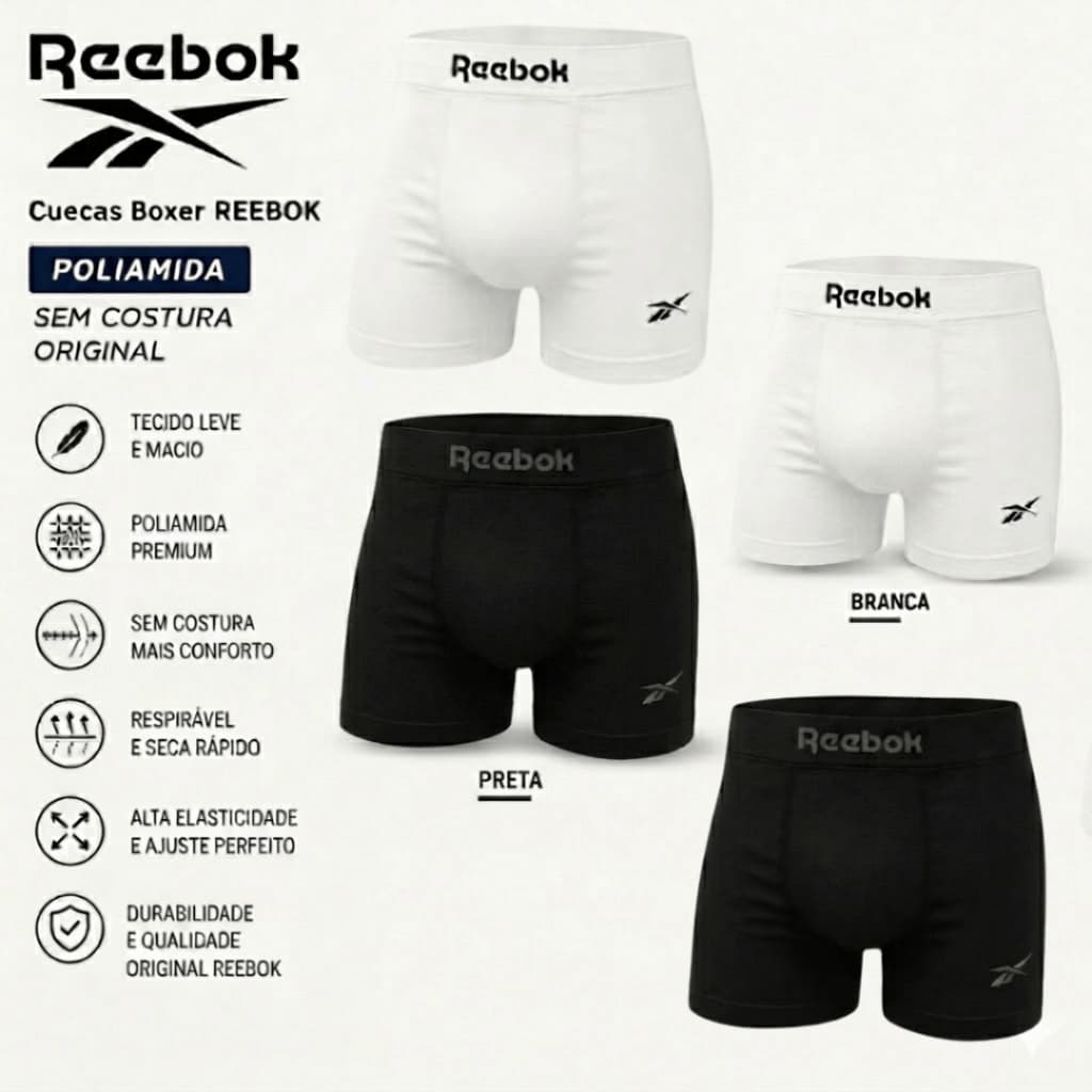 Cueca Boxer Reebok em Poliamida Sem Costura Original Conforto Elegância