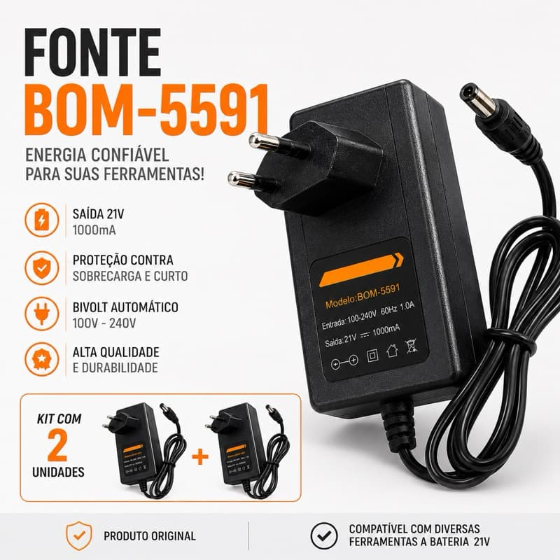 Kit 2 Carregadores Para Baterias 21V Bivolt Automático Compatível Com Diversas Ferramentas BOM-5591