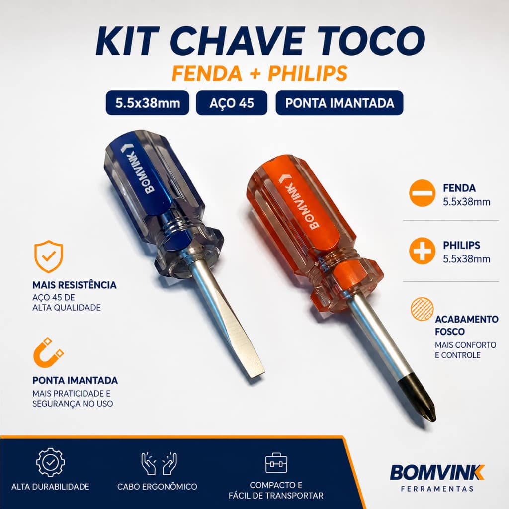 KIT CHAVE TOCO FENDA + PHILIPS 5,5x38mm COM PONTA PRETA 🔧