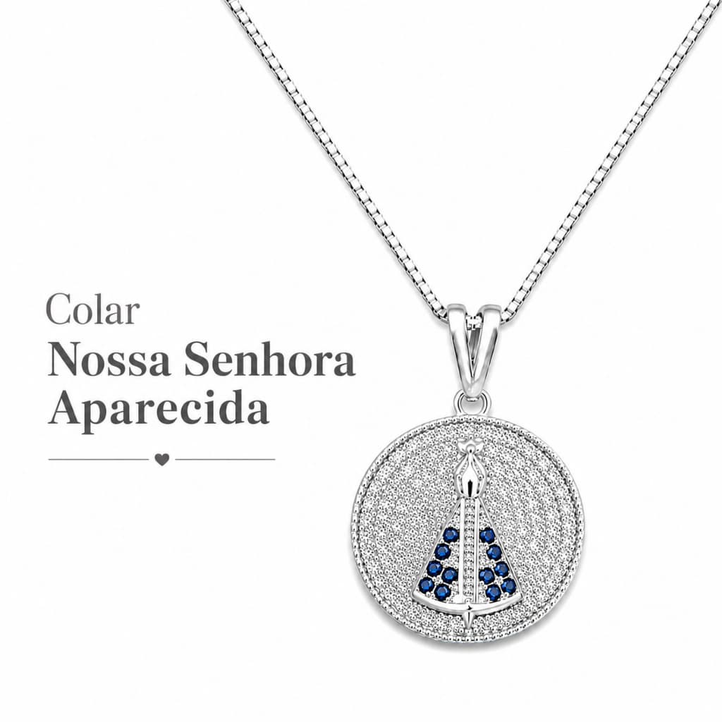 Corrente Religiosa com Zircônia da Nossa Senhora Aparecida Folhado Prata Delicado Feminino