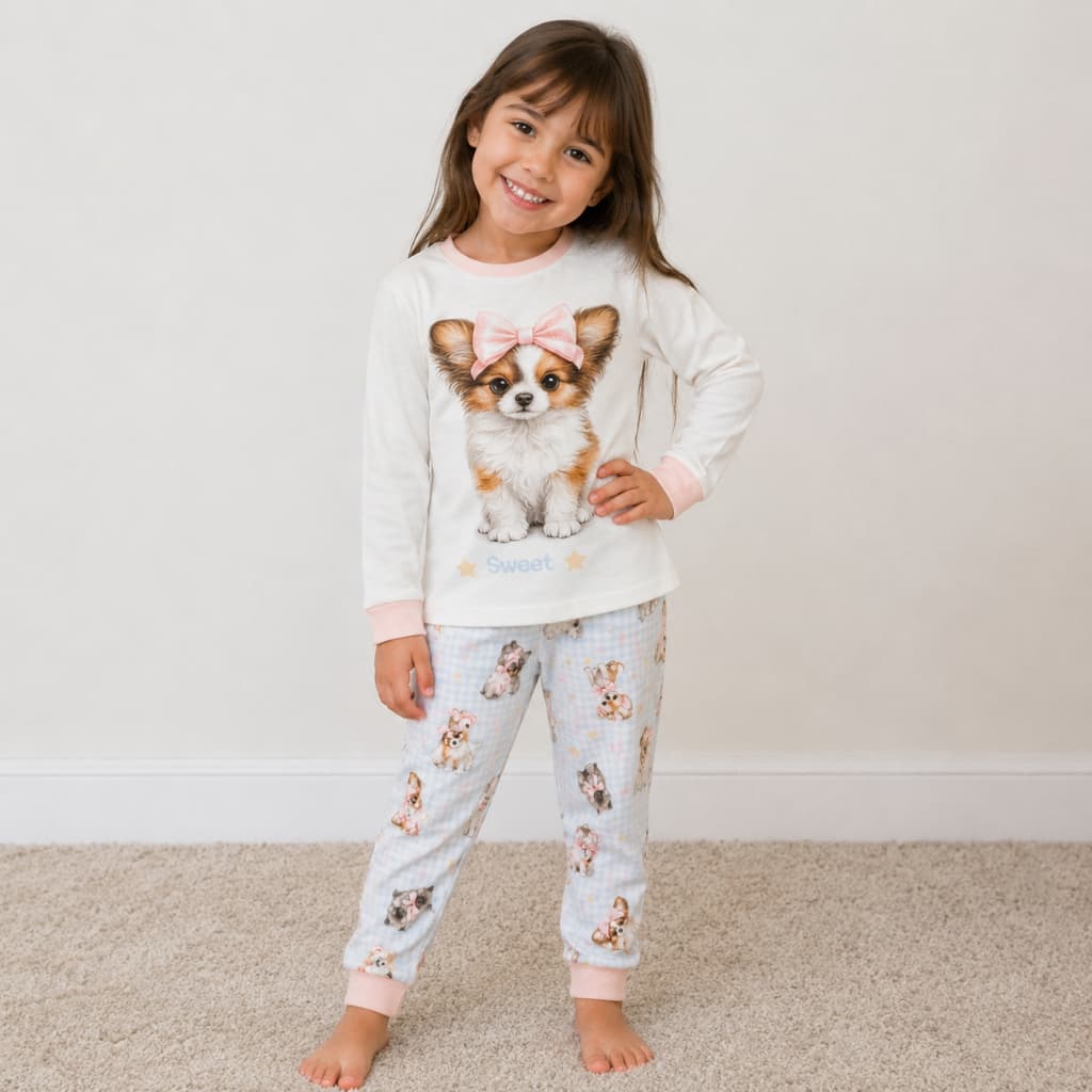 Pijama Infantil Feminino Cachorrinho Suede Premium Macio Inverno Menina