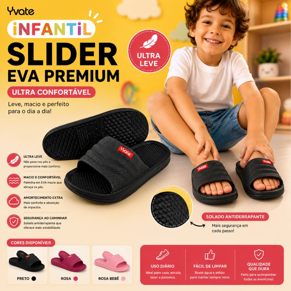 Chinelo Slider Infantil Yvate EVA Premium Ultra Confortável