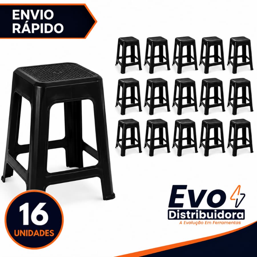 Kit 16 Unidades Banqueta Preta De Plástico Resistente Reforçada Adulto Suporta Até 120kg