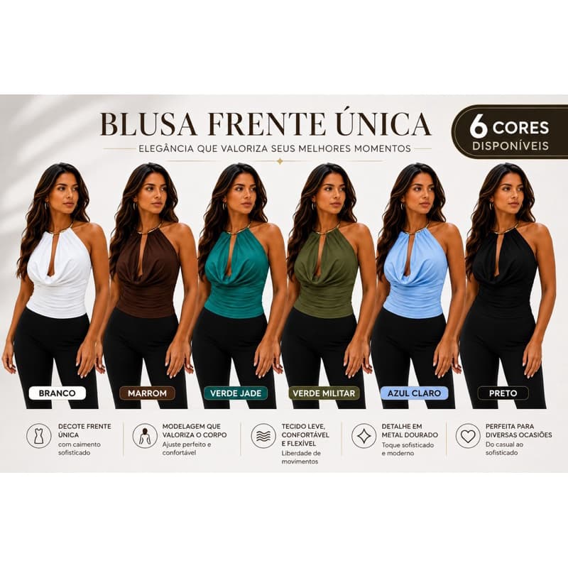 Blusa Feminina Frente Única Gola Alta com Detalhe Dourado Elegante – Regata Fashion Decote Sofisticado