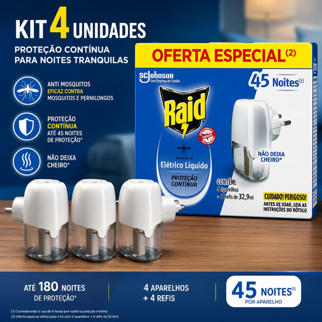 Kit 2 a 4 Raid Repelente com Aparelho Elétrico + Refil Líquido 45 Noite 32,9ml Sem Cheiro