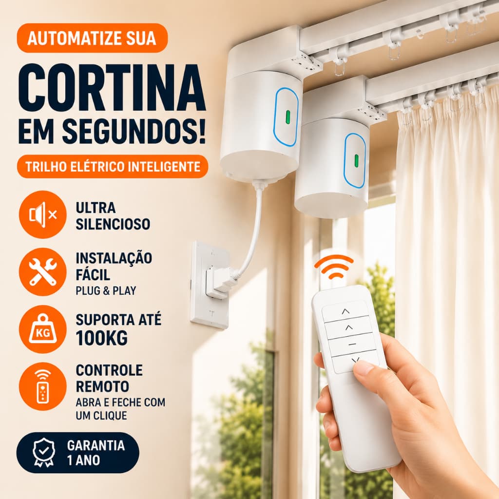 Trilho Elétrico para Cortina Controle Remoto Automático Silencioso Suporta até100kg Instalação Fácil