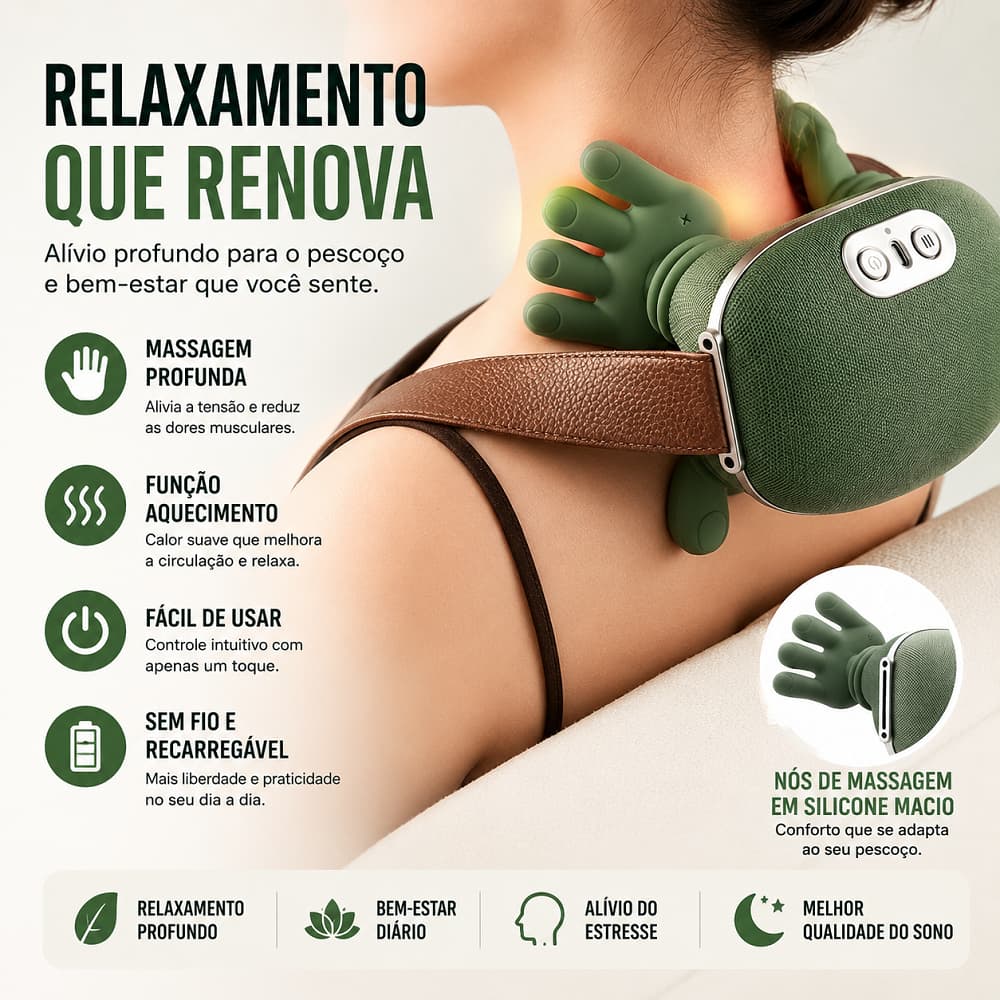 Massageador de Ombros e Pescoço com Compressa Térmica – Alivia Dor Cervical e na Coluna, 3 Níveis de Massagem, Simulação