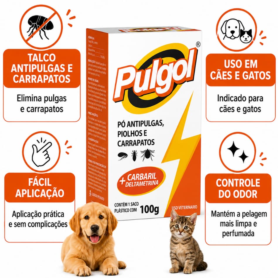 Talco Antipulgas Carrapatos Piolhos Gatos Adultos Filhotes Pulgol Caixa Pó Cães 100g Remédio Pulgas
