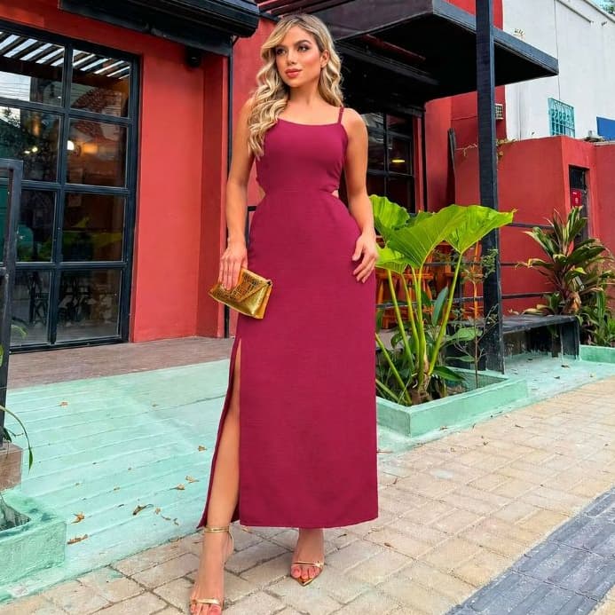 Vestido Longo Feminino Elegante com Fenda e Alças – Festa, Casamento e Formatura Crepe Aiflow