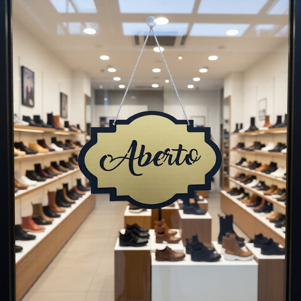 Placa de porta aberto fechado para lojas estabelecimentos comerciais comércio feita de MDF dourada prata