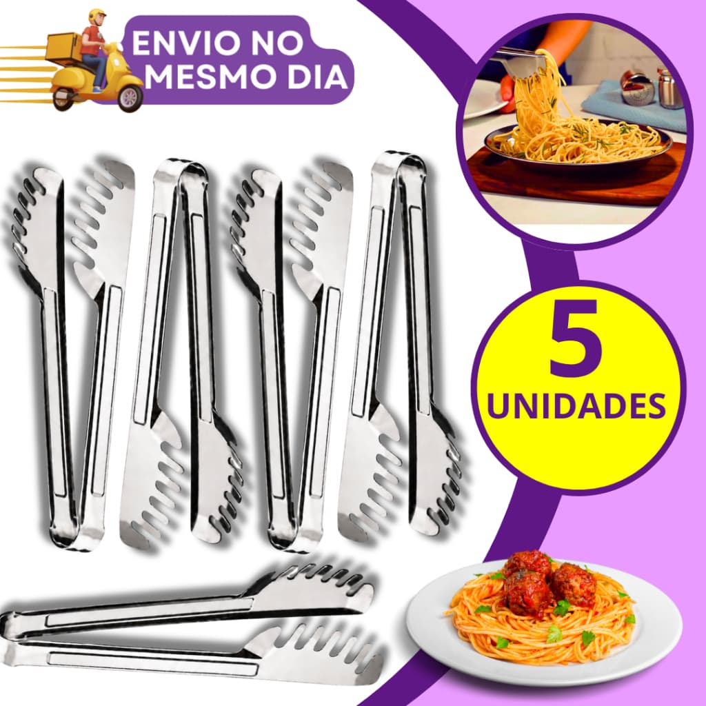 KIT 3/5 Pegador de Massas Alimentos 20cm em Inox Pinça Multiuso para Massa Macarrão Salada Churrasco Cozinha